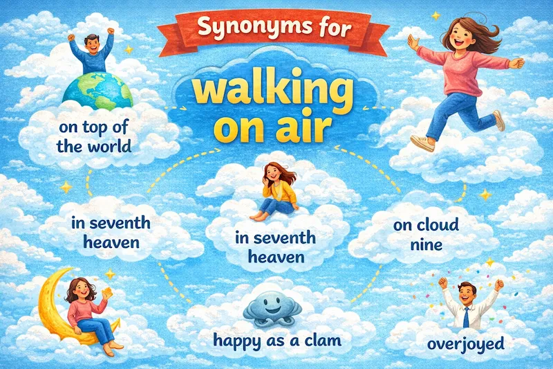 Synonyms of the idiom walking on air, including on top of the world, in seventh heaven, on cloud nine, happy as a clam, and overjoyed